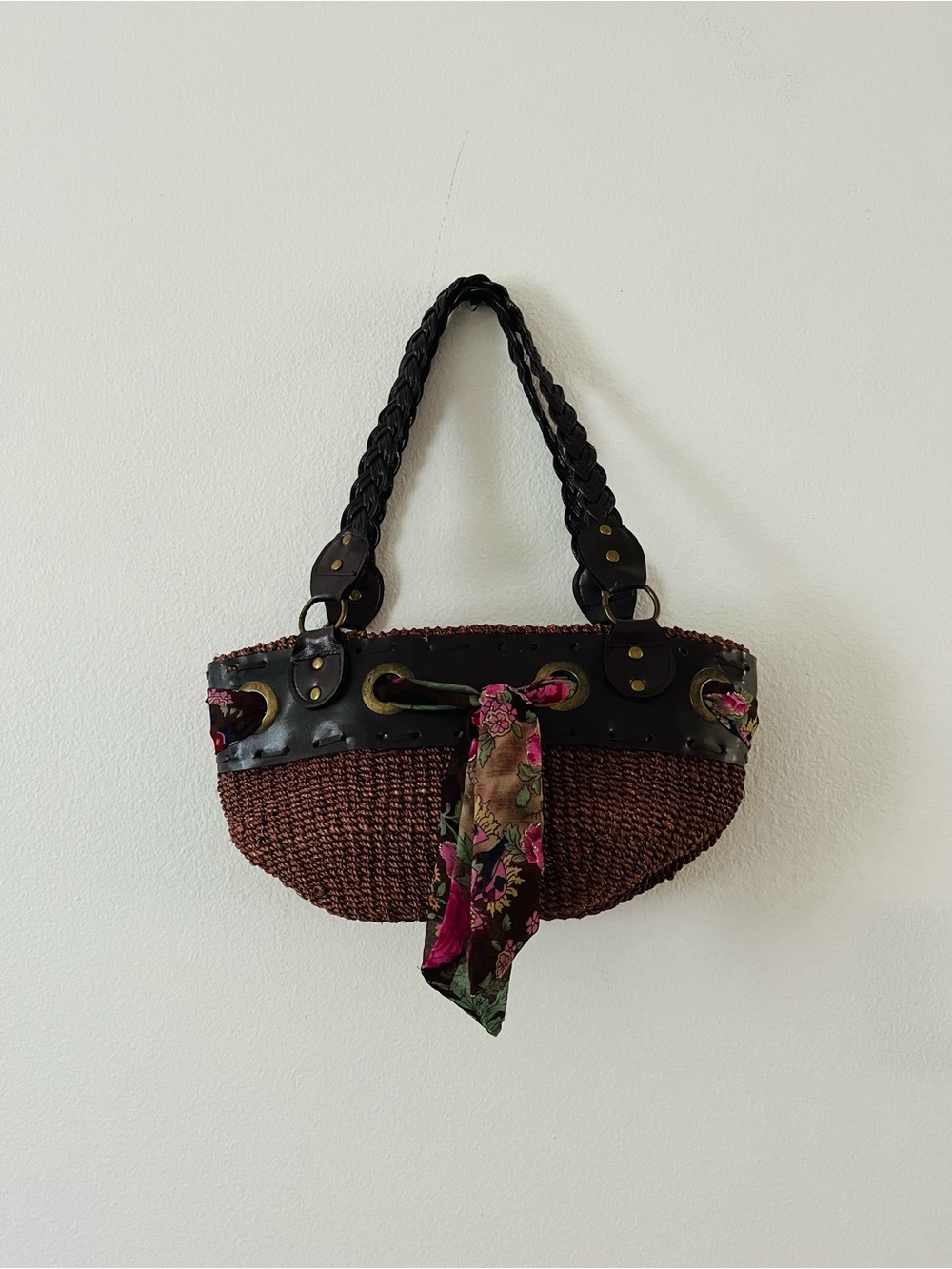 Woven Brown Straw Tote with Floral Accent